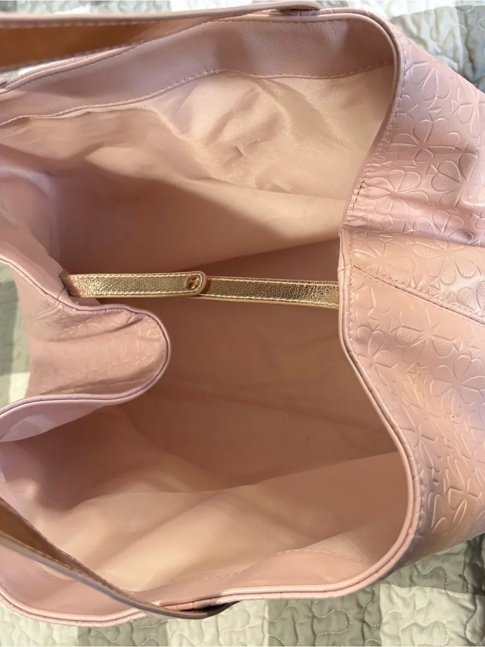 kate spade pink embossed floral tote with metallic straps